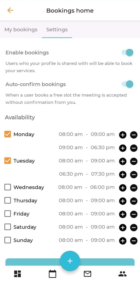 Booking settings on android